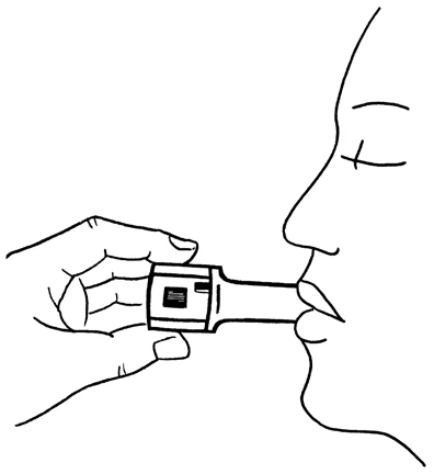 A black silhouette showing a profile of a person holding an inhaler in their mouth, ready to inhale medication through the mouth