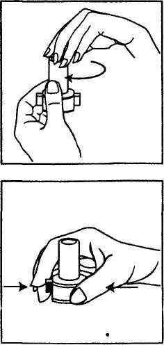 Hands unscrewing the upper part of the device and a hand holding the base with an indicated downward direction arrow