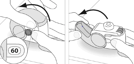Dos ilustraciones que muestran manos girando y alejando un dispositivo médico blanco, con un número 60 visible dentro de un círculo y flechas negras indicando la dirección del movimiento