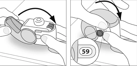 Ilustración de dos manos manipulando un dispositivo médico blanco, girando su parte superior según indica una flecha negra; se observa un aumento con el número 59