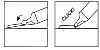 Two black-and-white diagrams showing a hand pressing a medical device, with the second drawing featuring the word CLICK indicating a click action