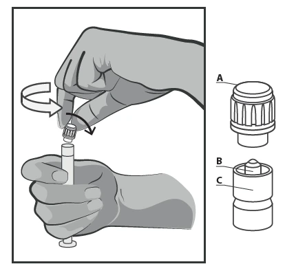 Hands holding a syringe, the upper hand twisting cap A in the direction of the arrow, while the lower hand stabilizes the syringe body with components B and C