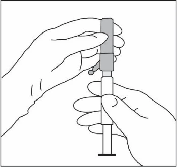 Two hands holding a white injection pen vertically, one hand gripping the upper part of the device and the other stabilizing the lower part of the housing