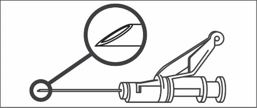 Schematic drawing of a syringe with a needle and an enlarged circle showing the sharp, beveled tip of the needle and the device's locking mechanism