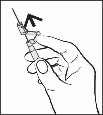 Hand holding a syringe with a needle, indicating direction of movement with a black arrow pointing upward along the device's axis
