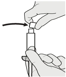 Mani che rimuovono un tappo bianco dalla parte superiore del dispositivo medico, indicato da una freccia nera diretta verso destra
