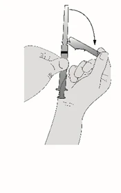 Due mani che impugnano una siringa, una mano stabilizza il corpo mentre l'altra esegue un movimento rotatorio verso il basso seguendo il verso indicato dalla freccia nera