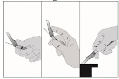 Tre disegni che mostrano una mano che impugna una siringa, prima in posizione orizzontale, poi verticale, e infine che la applica sulla superficie