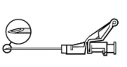 Schematic technical drawing of a syringe with a thin needle and a close-up showing the sharp, beveled tip of the needle within a circle