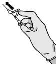 A gloved hand holding a syringe at an angle, with a black arrow indicating the upward movement direction of the needle
