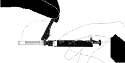 A black hand holding a needle and attaching it to the syringe tip with a rotational motion indicated by a dashed arrow line