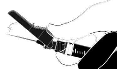 Schematic illustration showing a hand holding a medical applicator and applying it to the skin for drug administration