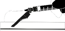 A black syringe with needle pointing downward, connected by a dashed line to a circle, illustrating the process of medication preparation or administration