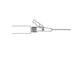 Schematic line drawing showing a syringe with a thin needle attached at its end, pointing to the right