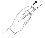 Hand holding a syringe with a needle angled upward, with a black arrow indicating the direction of needle withdrawal from the body