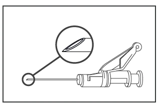 Schematic drawing of a syringe with a thin needle, with an inset showing a magnified view of the sharp, beveled tip of the needle within a circle