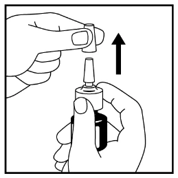 Two hands holding a medication bottle, one hand lifting the top cap vertically upward in the direction indicated by a black arrow