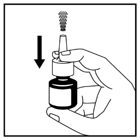 A hand holding a small bottle with a nozzle, with a syringe directed at it spraying substance, indicated by a black arrow pointing downward