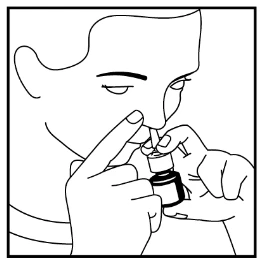 A black-and-white drawing showing a person holding a small bottle and administering drops from a pipette into the nose using the index finger