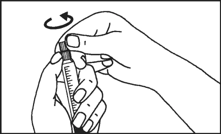 Two hands holding a syringe, one hand stabilizing it at the bottom while the other rotates the cap in the direction indicated by the curved arrow