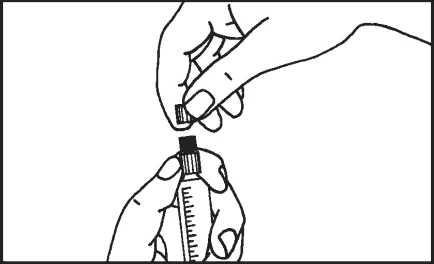 Two hands holding a medication vial and a small stopper, preparing the medication for administration according to medical instructions