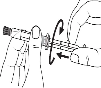 Due mani che tengono una siringa, una mano stabilizza il corpo mentre l'altra esegue un movimento rotatorio indicato da frecce nere attorno all'asse del dispositivo