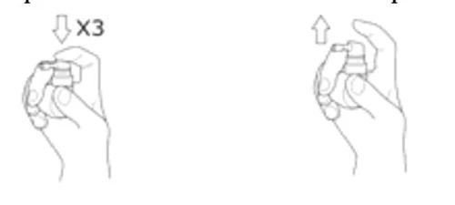 Diagram showing a hand pressing down three times on the pump dispenser and a hand sliding the dispenser firmly upward