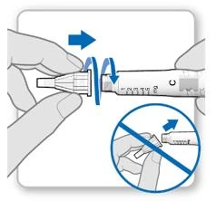 Hands screwing the end cap of the injector to the right, a blue arrow indicating rotational movement, and a crossed-out circle showing incorrect action