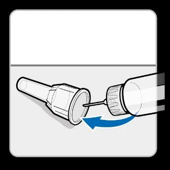 Schematic instruction showing a close-up of the injector needle aligned with the opening in the medication package, with a blue arrow indicating the direction of movement