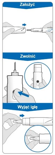 Drug administration instruction in three steps: connecting two parts of the device, pressing the button to deliver the dose, and removing the needle after the procedure