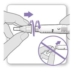 Hands screwing the injector cap clockwise as indicated by an arrow, and a crossed-out instruction showing incorrect attachment