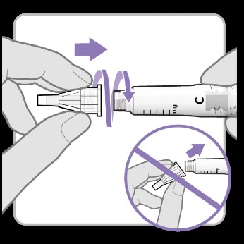Hands unscrewing the end cap of a white medical pen according to the arrow, and a crossed-out circle showing prohibition of turning the cap in the opposite direction