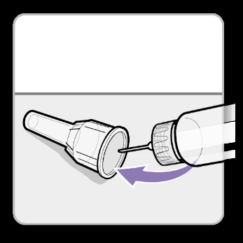 Hand screwing the needle end onto a white medication package, indicating the direction of rotational movement marked by a purple arrow