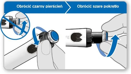 Instruction for rotating the black ring downward and the gray dial upward using fingers to prepare the medical device