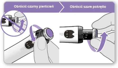Instrucción para girar el anillo negro y el botón gris en el dispositivo médico blanco con los dedos, indicado por flechas