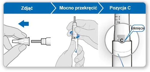 Instrucciones de uso del medicamento: imagen de la tapa, giro fuerte del dispositivo y aumento en la posición C con el sonido de clic destacado