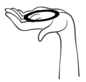 Outline of a human hand in an open position with a black circle placed in the center of the palm