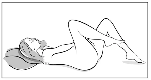 Linear drawing of a woman lying on her side with her head on a pillow and knees bent, against a light background