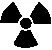 A black ionizing radiation warning symbol consisting of a central circle and three triangular blades arranged around it