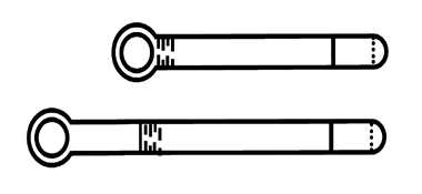 Two black horizontal diagrams of tubes or syringes with a circular ring on one end and a measurement scale inside the housing
