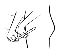 A line drawing showing two hands holding a long pen-type injector at the side of a person's abdomen to administer medication