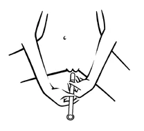 A line drawing showing hands holding and directing an insulin pen toward the lower abdomen of a seated person