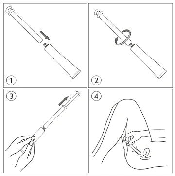 Quattro schemi illustrativi delle istruzioni: 1. assemblaggio delle parti della siringa, 2. avvitamento degli elementi, 3. estrazione dello stantuffo, 4. iniezione del farmaco nella coscia