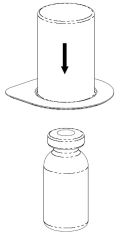 Dibujo esquemático que representa un cilindro vertical con una flecha negra apuntando hacia abajo, situado sobre un pequeño frasco de vidrio con tapón
