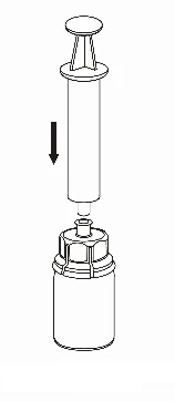 Dibujo esquemático que muestra una jeringa con un émbolo moviéndose hacia abajo hacia la abertura del frasco, indicando la dirección del movimiento