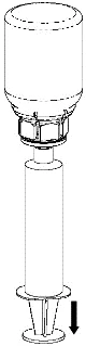 Dibujo técnico esquemático de un dispositivo médico con un depósito superior grande, un cilindro inferior más pequeño y una flecha que indica el movimiento hacia abajo