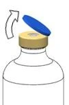Schematic illustration showing the removal of a blue cap from a medicine bottle, indicated by a white upward-pointing arrow