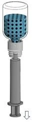 Schematic drawing of a vertical medical device with a perforated blue tip inside a transparent container and a gray body with a downward-pointing arrow