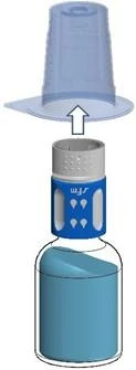 A transparent cap being applied vertically upward onto a blue-and-white cap of a glass vial filled with blue liquid, indicating the direction of movement