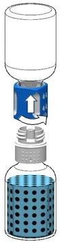 Diagram showing disassembled components: a white upper part, a blue ring with an upward-pointing arrow, a gray cap, and a blue bottle with openings